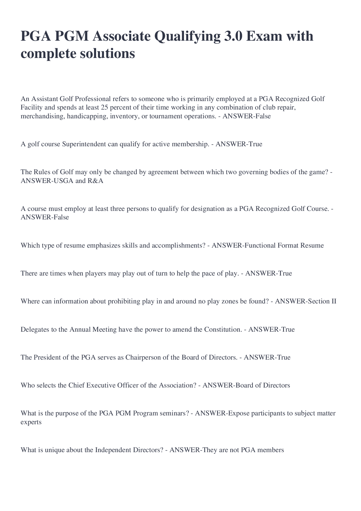 Preview image for PGA PGM Associate Qualifying 3.0 Exam with complete solutions